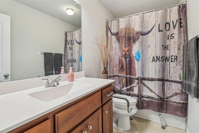 7203 Veal Station Rd, Weatherford, TX 76085 - bathroom featuring visible vents, toilet, tile patterned flooring, and vanity