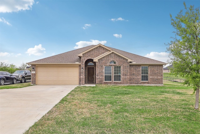 7203 Veal Station Rd, Weatherford, TX 76085 - ranch-style home featuring driveway, a front yard, fence, brick siding, and a garage
