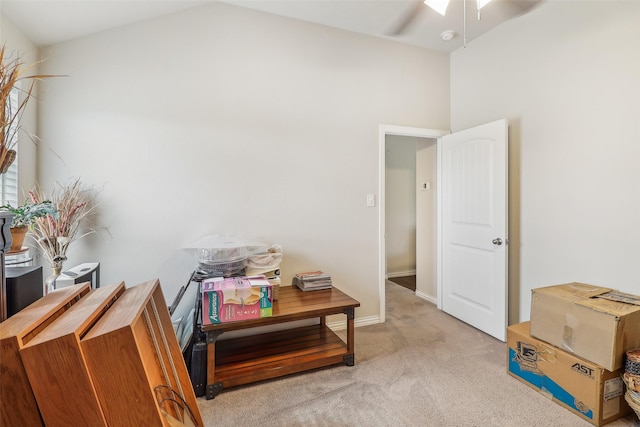 7203 Veal Station Rd, Weatherford, TX 76085 - office with lofted ceiling, a ceiling fan, and light colored carpet
