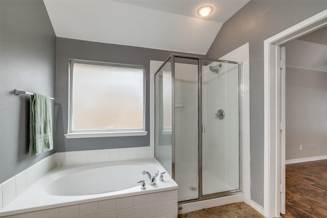 9212 Water Oak Dr, Arlington, TX 76002 - bathroom featuring a stall shower, a bath, and lofted ceiling