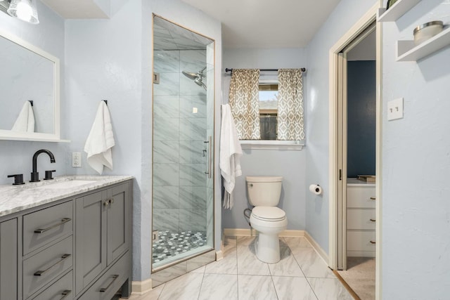 1417 Northridge Dr, Carrollton, TX 75006 - bathroom with a stall shower, vanity, baseboards, toilet, and marble finish floor