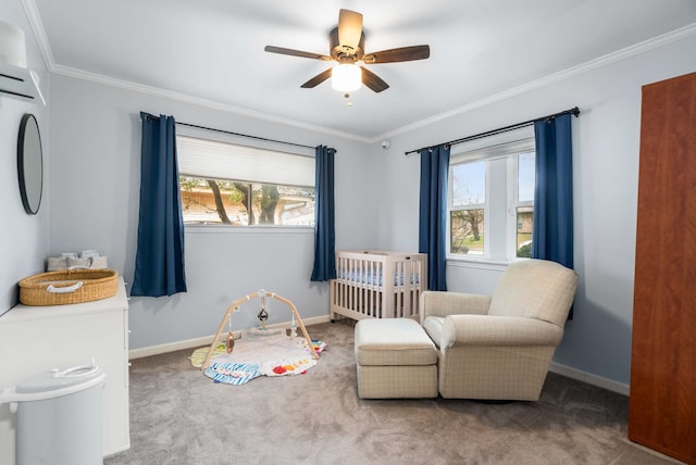 1417 Northridge Dr, Carrollton, TX 75006 - bedroom with crown molding, carpet floors, baseboards, and a ceiling fan