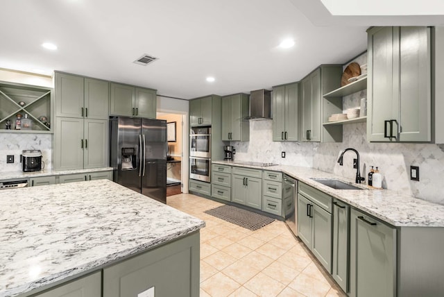 1417 Northridge Dr, Carrollton, TX 75006 - kitchen featuring visible vents, open shelves, wall chimney range hood, a sink, and black appliances