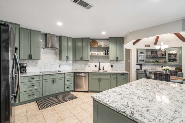 1417 Northridge Dr, Carrollton, TX 75006 - kitchen featuring wall chimney range hood, open shelves, a sink, stainless steel appliances, and green cabinets