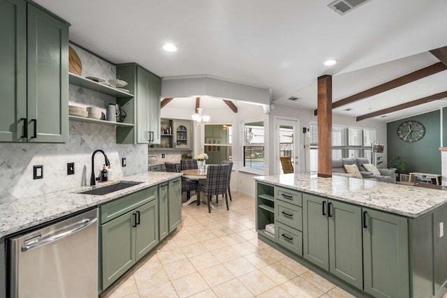 1417 Northridge Dr, Carrollton, TX 75006 - kitchen with tasteful backsplash, open shelves, dishwasher, a sink, and green cabinetry