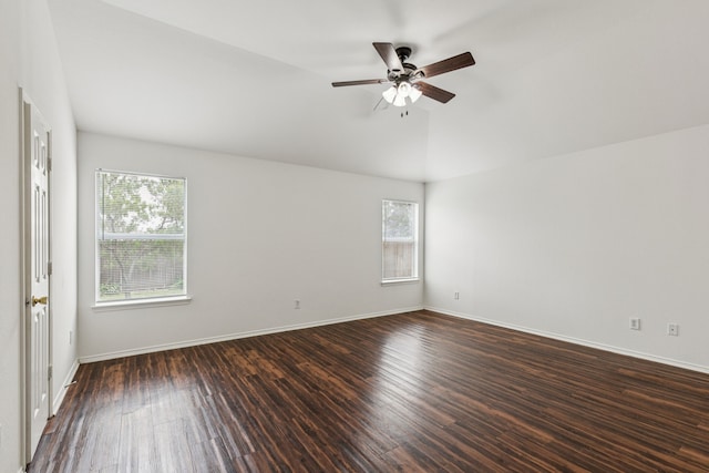 1416 Eagles Nest Trl, Krum, TX 76249 - empty room featuring ceiling fan, dark wood finished floors, baseboards, and lofted ceiling