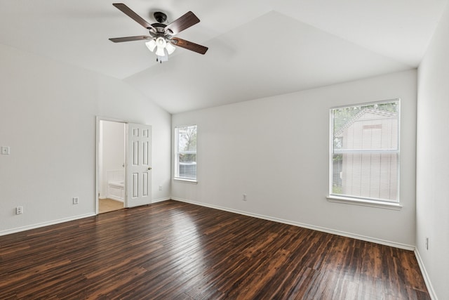 1416 Eagles Nest Trl, Krum, TX 76249 - unfurnished room featuring vaulted ceiling, healthy amount of natural light, a ceiling fan, wood finished floors, and baseboards