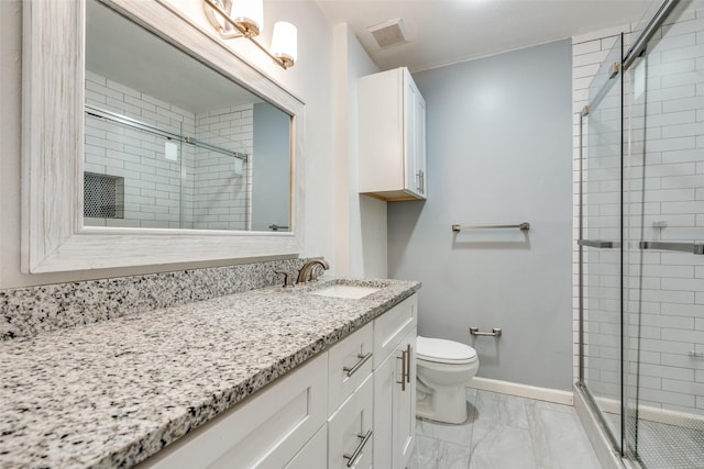 2828 Elk Grove Rd, Carrollton, TX 75007 - full bath featuring marble look tile flooring, vanity, toilet, and a shower stall
