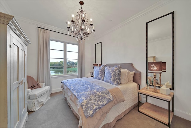 bedroom with carpet floors, ornamental molding, a water view, and a chandelier