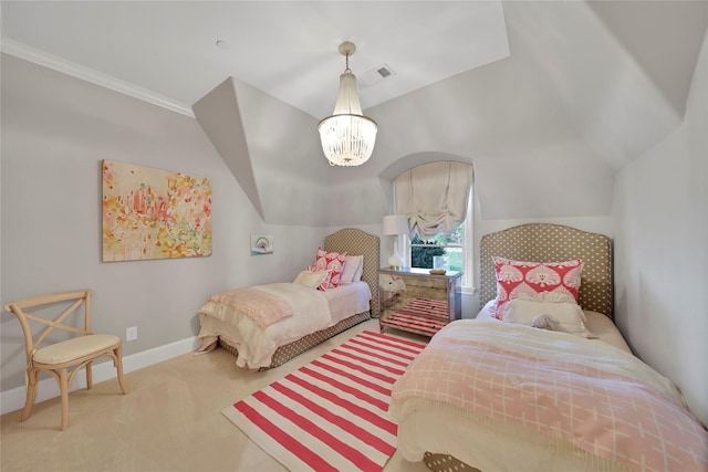 bedroom featuring carpet floors, baseboards, a notable chandelier, and lofted ceiling