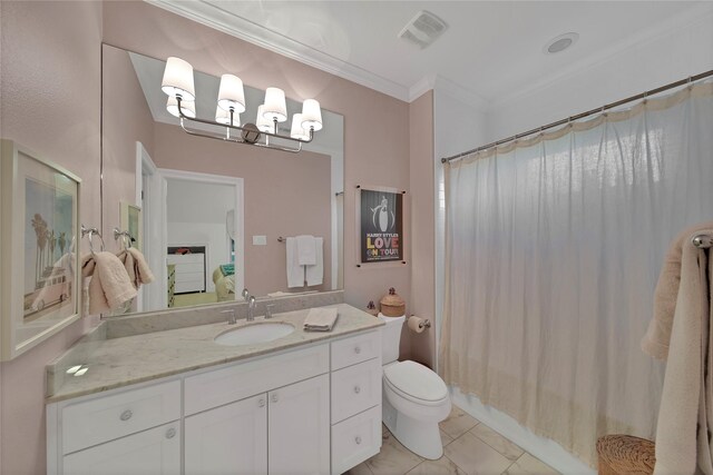 full bathroom featuring crown molding, connected bathroom, vanity, toilet, and visible vents