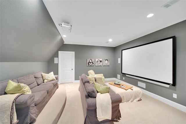 cinema room with carpet floors, baseboards, recessed lighting, and visible vents