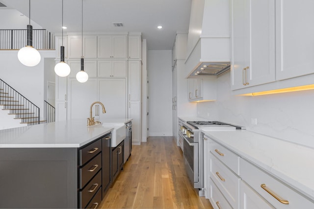 12479 Palmer Dr, Fort Worth, TX 76179 - kitchen with high end stainless steel range, premium range hood, a sink, white cabinetry, and recessed lighting