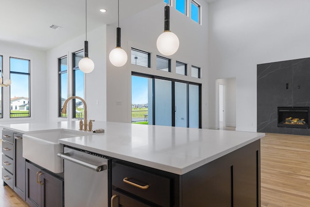 12479 Palmer Dr, Fort Worth, TX 76179 - kitchen featuring a sink, open floor plan, light wood finished floors, plenty of natural light, and a high ceiling