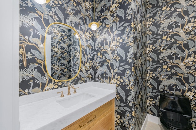12479 Palmer Dr, Fort Worth, TX 76179 - half bathroom with wallpapered walls, toilet, and vanity