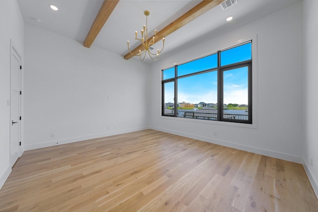 12479 Palmer Dr, Fort Worth, TX 76179 - empty room featuring a chandelier, beam ceiling, light wood-style floors, baseboards, and recessed lighting