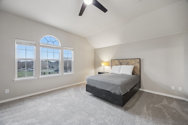 8312 Rancho De La Osa Trl, Mckinney, TX 75070 - bedroom featuring carpet floors, vaulted ceiling, baseboards, and ceiling fan