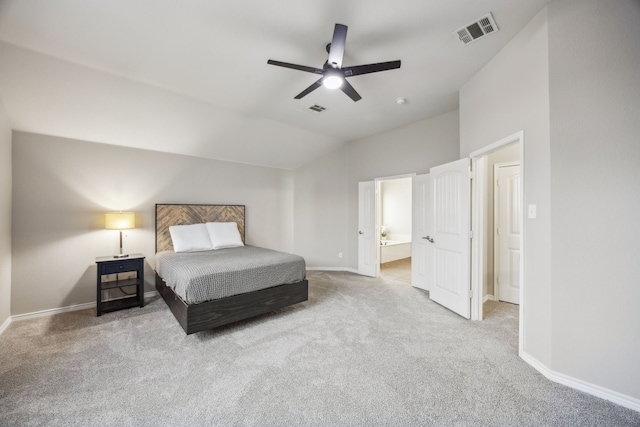 8312 Rancho De La Osa Trl, Mckinney, TX 75070 - carpeted bedroom featuring vaulted ceiling, baseboards, connected bathroom, and ceiling fan