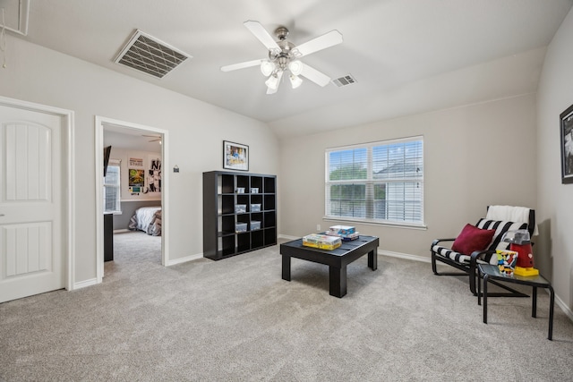 8312 Rancho De La Osa Trl, Mckinney, TX 75070 - living area with ceiling fan, carpet flooring, baseboards, and lofted ceiling
