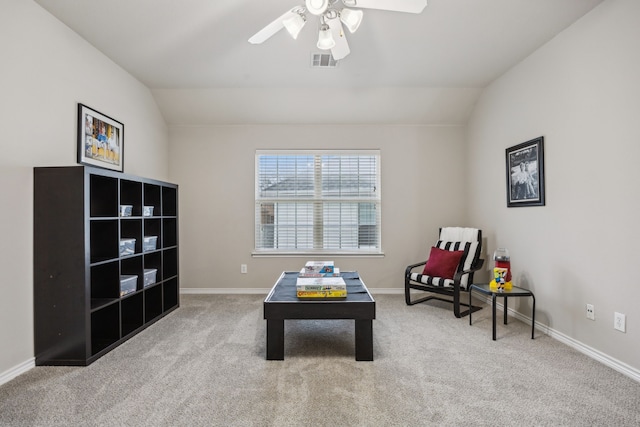 8312 Rancho De La Osa Trl, Mckinney, TX 75070 - sitting room featuring vaulted ceiling, ceiling fan, carpet floors, and baseboards