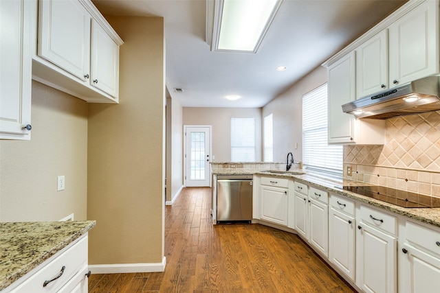 2104 Aberdeen Ave, Mckinney, TX 75072 - kitchen featuring dishwasher, under cabinet range hood, black electric stovetop, tasteful backsplash, and white cabinetry