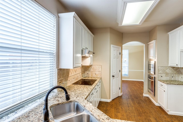 2104 Aberdeen Ave, Mckinney, TX 75072 - kitchen featuring stainless steel appliances, under cabinet range hood, arched walkways, and white cabinetry