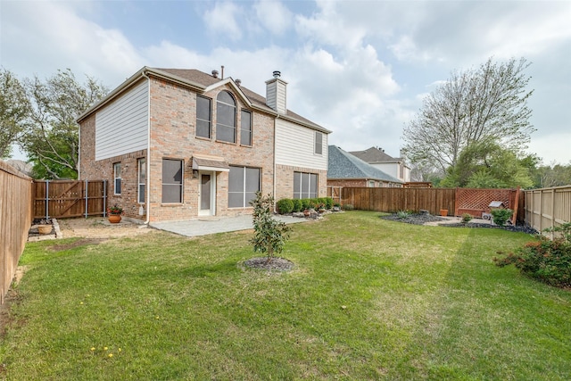 2104 Aberdeen Ave, Mckinney, TX 75072 - back of house with a chimney, a fenced backyard, a patio, and brick siding