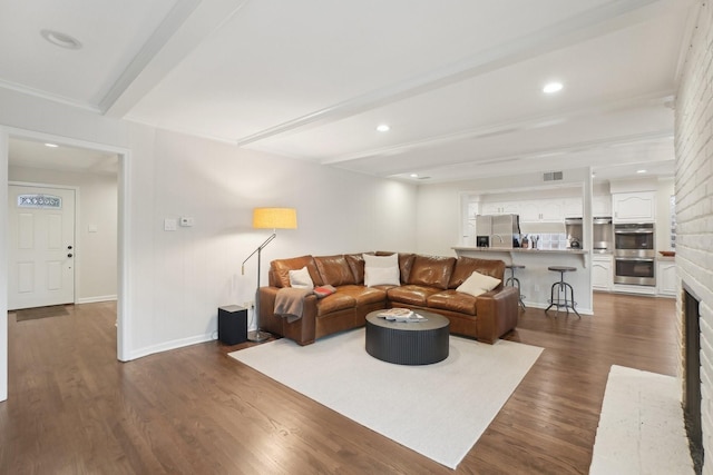 3139 Citation Dr, Dallas, TX 75229 - living room featuring beamed ceiling, dark wood finished floors, baseboards, and recessed lighting