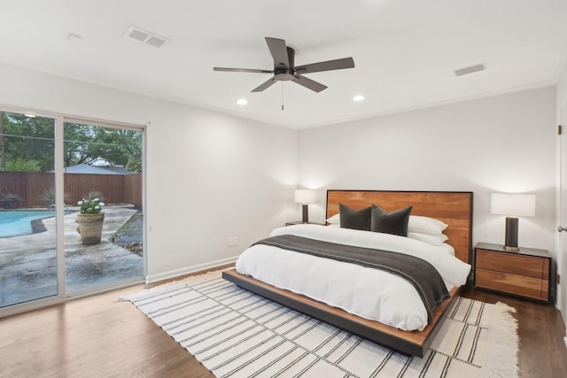 3139 Citation Dr, Dallas, TX 75229 - bedroom featuring access to outside, wood finished floors, recessed lighting, baseboards, and a ceiling fan