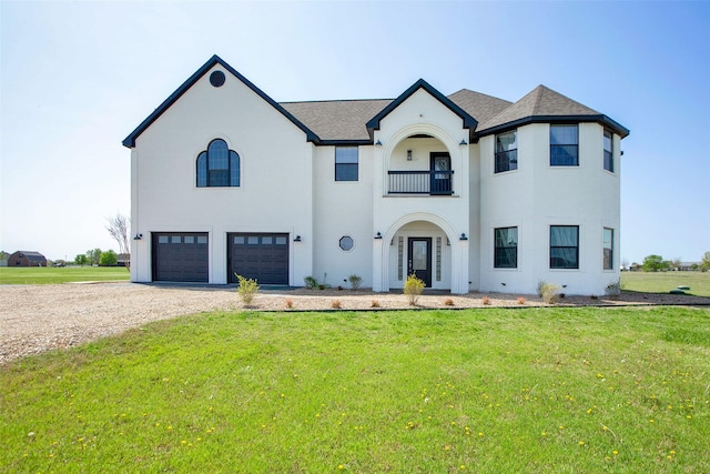 1060 Cypress Point Dr, Gunter, TX 75058 - french country home with a balcony, a garage, a front lawn, gravel driveway, and roof with shingles