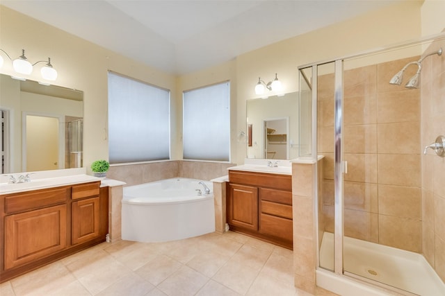 5685 Country View Ln, Frisco, TX 75036 - bathroom with a shower stall, two vanities, tile patterned flooring, and a garden tub