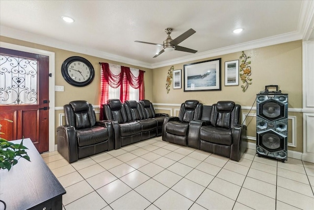 405 Rosewood Hills Dr, Garland, TX 75040 - cinema room featuring wainscoting, crown molding, ceiling fan, and light tile patterned floors