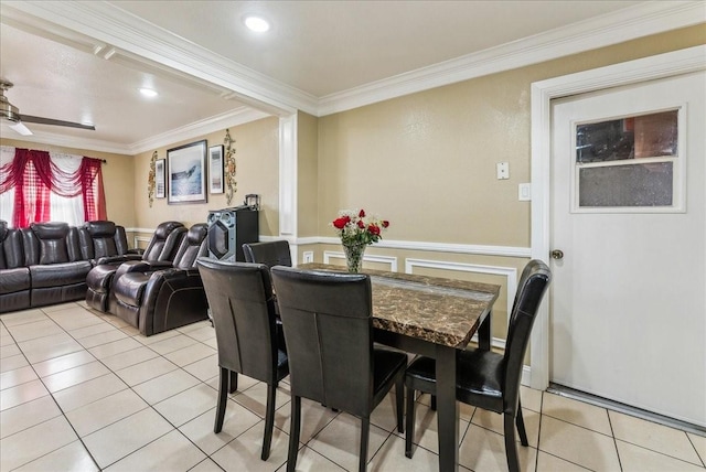 405 Rosewood Hills Dr, Garland, TX 75040 - dining area featuring a ceiling fan, light tile patterned floors, and crown molding