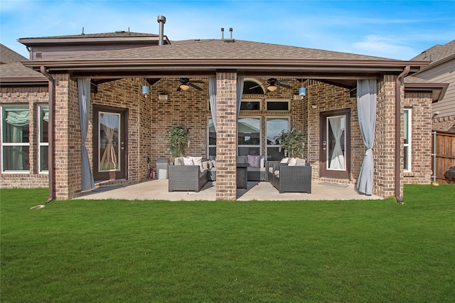 1121 Red Hawk Ln, Forney, TX 75126 - rear view of property featuring a ceiling fan, an outdoor hangout area, brick siding, and a patio area