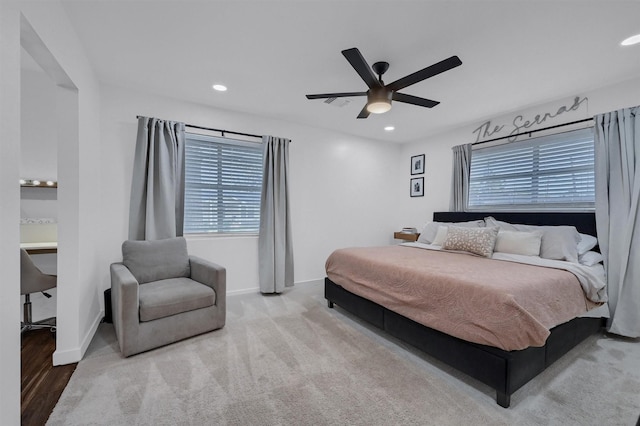 bedroom featuring baseboards, visible vents, ceiling fan, and recessed lighting