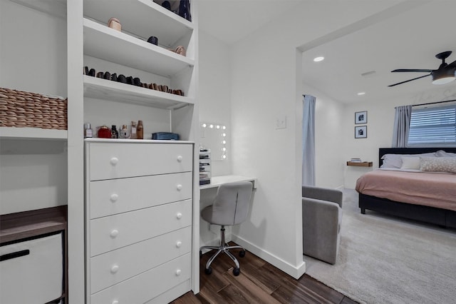 bedroom featuring baseboards, visible vents, ceiling fan, recessed lighting, and dark wood-style flooring
