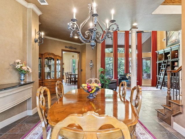 9 Eagle Pt N Unit A, Azle, TX 76020 - dining room featuring ornamental molding, baseboards, a chandelier, stone tile flooring, and stairway