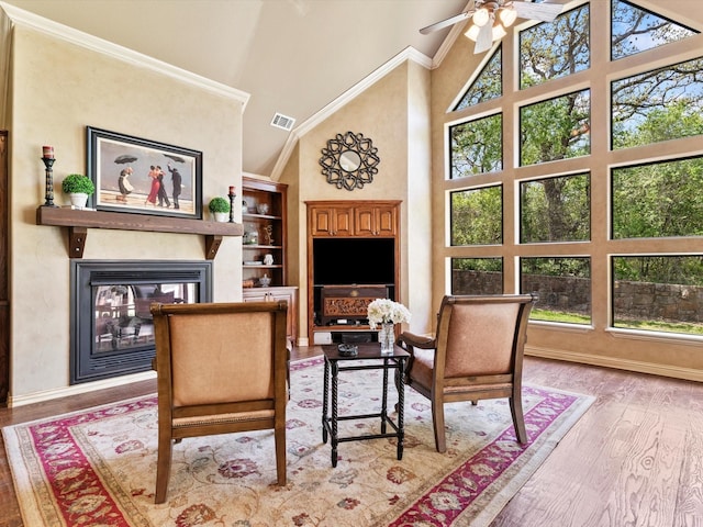 9 Eagle Pt N Unit A, Azle, TX 76020 - sitting room featuring high vaulted ceiling, a glass covered fireplace, a ceiling fan, plenty of natural light, and light wood-type flooring