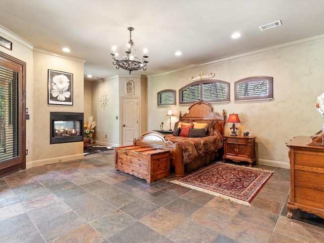 9 Eagle Pt N Unit A, Azle, TX 76020 - bedroom featuring ornamental molding, a chandelier, recessed lighting, baseboards, and stone tile flooring