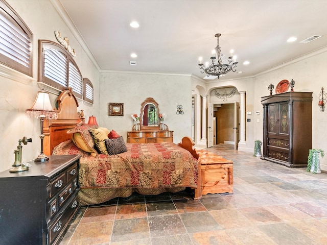 9 Eagle Pt N Unit A, Azle, TX 76020 - bedroom featuring decorative columns, arched walkways, ornamental molding, recessed lighting, and a chandelier