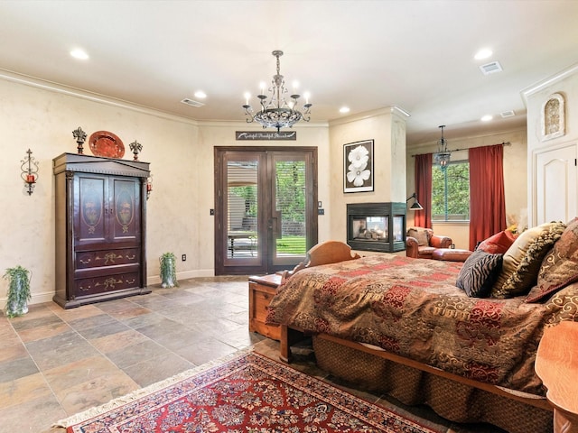 9 Eagle Pt N Unit A, Azle, TX 76020 - bedroom featuring access to outside, crown molding, baseboards, a chandelier, and recessed lighting