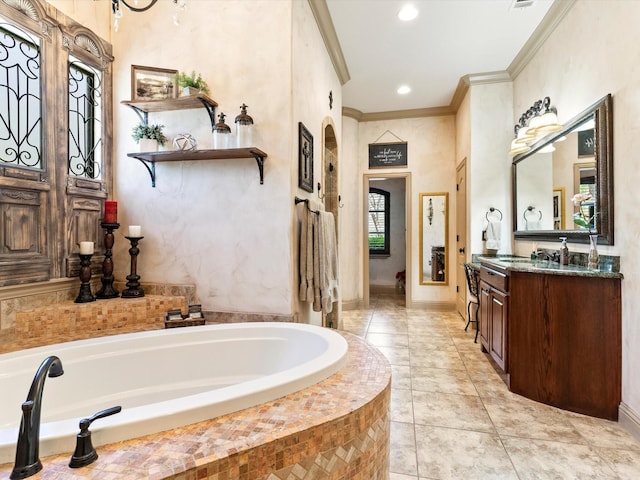 9 Eagle Pt N Unit A, Azle, TX 76020 - full bath featuring ornamental molding, vanity, a bath, recessed lighting, and tile patterned floors