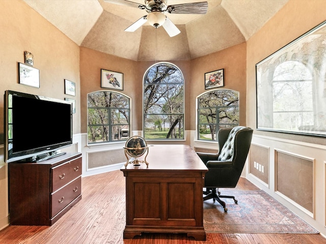 9 Eagle Pt N Unit A, Azle, TX 76020 - office area with wood finished floors, a wainscoted wall, ceiling fan, and lofted ceiling