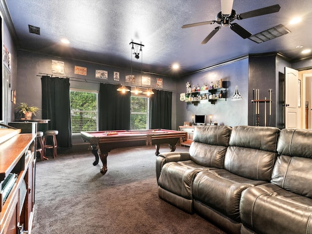 9 Eagle Pt N Unit A, Azle, TX 76020 - game room with billiards, carpet floors, crown molding, a ceiling fan, and a textured ceiling