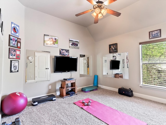 9 Eagle Pt N Unit A, Azle, TX 76020 - workout room with carpet, a ceiling fan, baseboards, and vaulted ceiling