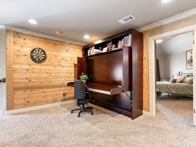 9 Eagle Pt N Unit A, Azle, TX 76020 - carpeted home office with crown molding, recessed lighting, wood walls, and baseboards