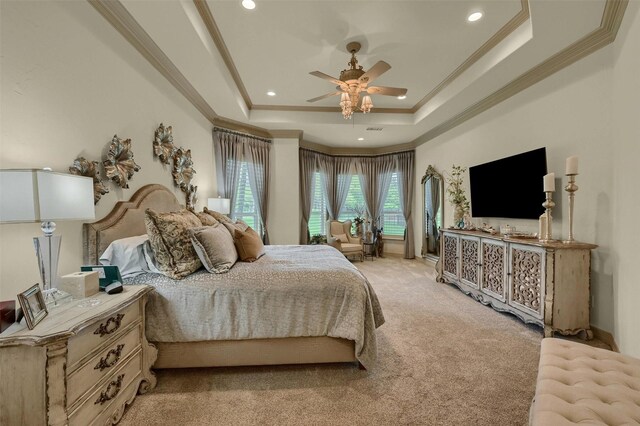7545 Colton Ln, Pilot Point, TX 76258 - bedroom with ornamental molding, light colored carpet, a raised ceiling, recessed lighting, and ceiling fan
