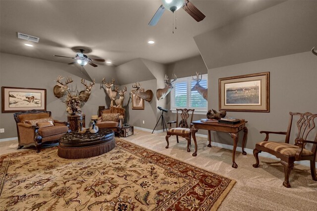 7545 Colton Ln, Pilot Point, TX 76258 - sitting room featuring a ceiling fan, carpet flooring, baseboards, vaulted ceiling, and recessed lighting