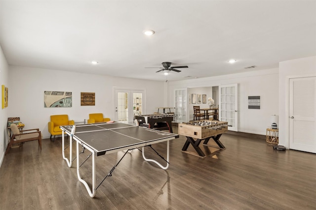 1018 Brookhollow Dr, Irving, TX 75061 - playroom featuring french doors, wood finished floors, a ceiling fan, recessed lighting, and baseboards