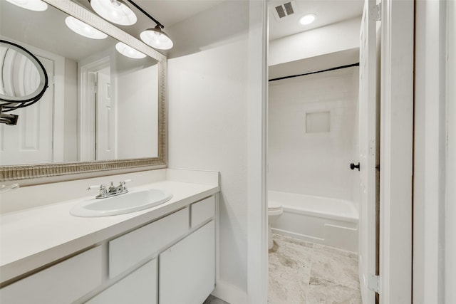 full bath featuring visible vents, toilet, and vanity